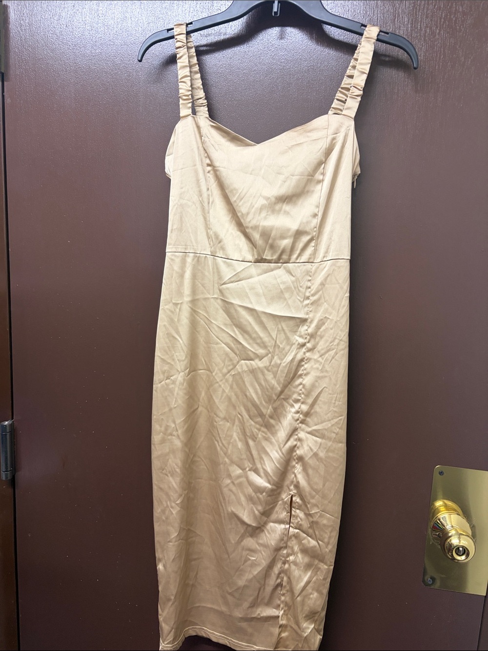 Neutral Tan Ruched-Strap Midi Dress